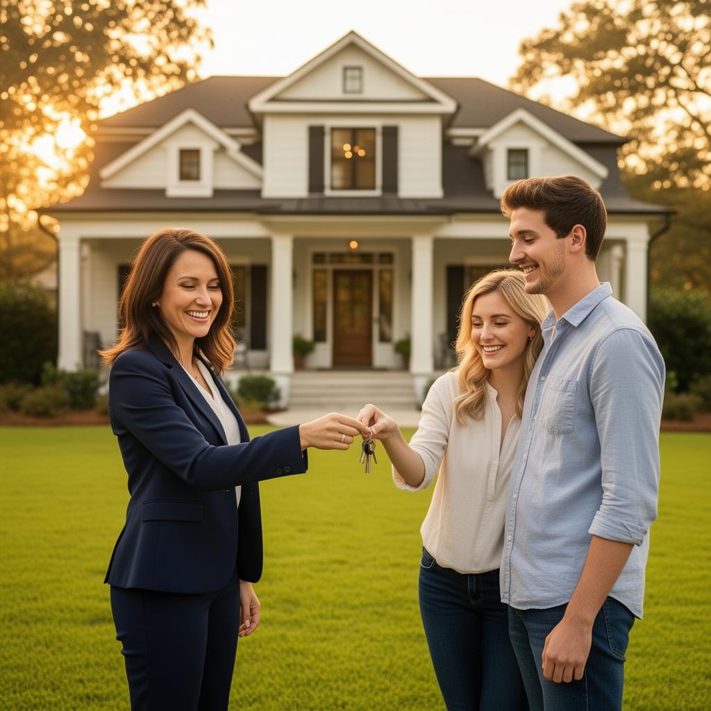 Realtor handing keys to happy homeowners